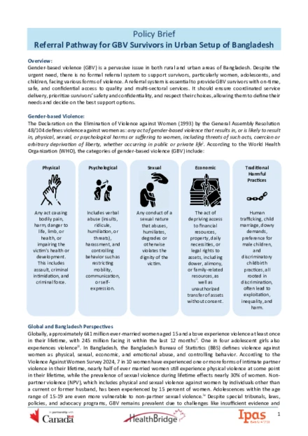 Policy Brief: Referral Pathway for GBV Survivors in Urban Setup of Bangladesh
