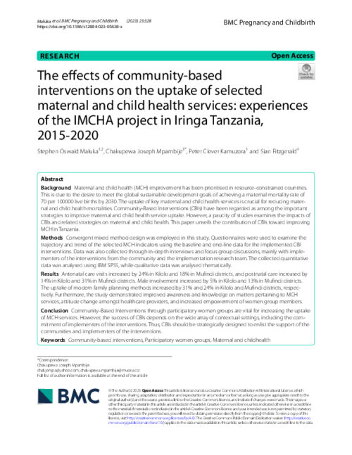 The effects of community-based interventions on the uptake of selected maternal and child health services: experiences of the IMCHA project in Iringa Tanzania, 2015‐2020