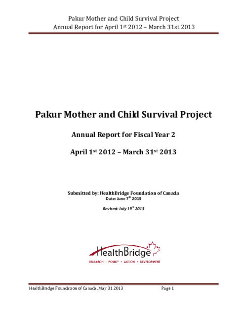 Pakur Mother and Child Survival Project Annual Report for Fiscal Year 2 (2012 - 2013)