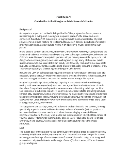 Mount Lavinia Public Spaces Project Final Narrative Report