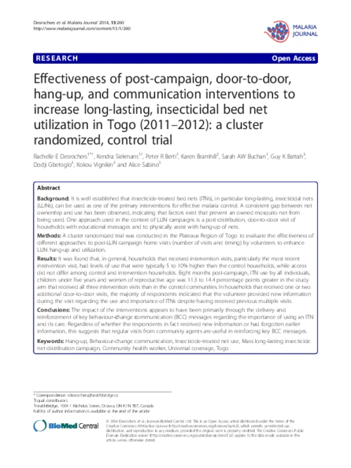 Effectiveness of post-campaign, door-to-door, hang-up, and communication interventions to increase long-lasting, insecticidal bed net utilization in Togo (2011–2012): a cluster randomized, control trial