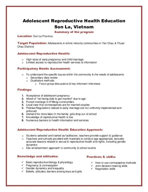 Webinar on Adolescent Reproductive Health Education in Son La, Vietnam: Summary