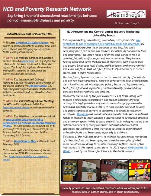 Issue 12 - NCD and Poverty Research Network Newsletter: NCD prevention and control versus industry marketing: unhealthy foods