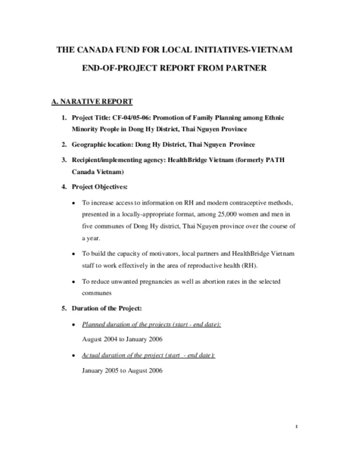 Canada Fund For Local Initiatives - Vietnam - Abortion Project Final Report