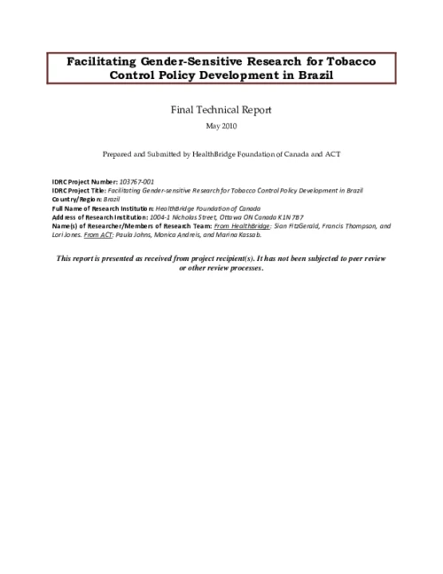 Facilitating Gender-Sensitive Research for Tobacco Control Policy Development in Brazil