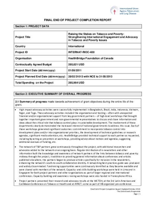Raising the Stakes on Tobacco and Poverty: Strengthening International Engagement and Advocacy in Tobacco and Poverty Issues