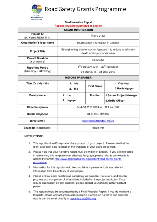Final report - Strengthening alcohol control legislation to reduce road crash death and injury in Vi